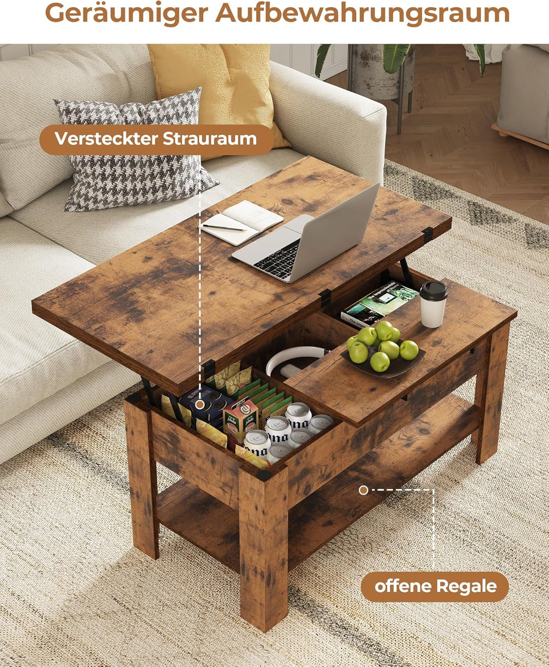 KIMENICH Couchtisch Höhenverstellbar, 3-in-1-Multifunktions-Wohnzimmertisch, Kaffeetisch, Versteckte