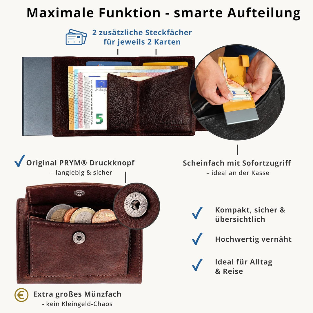 SecWal Kartenetui mit Münzfach Druckknopf inkl. Geschenkbox - Made in Germany - Echtleder Mini Geldb