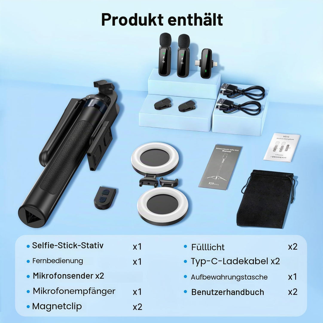yAyusi Vlogging-Kit für iPhone/Android, 180 cm Ausziehbares Selfie-Stick-Stativ mit Licht, Fernbedie
