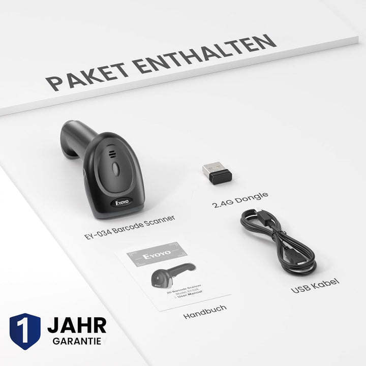 Eyoyo QR Code Scanner, 1D/2D Bluetooth Funk Barcode Scanner, 3-in-1 2.4G kabellos/USB Kabel Barcode