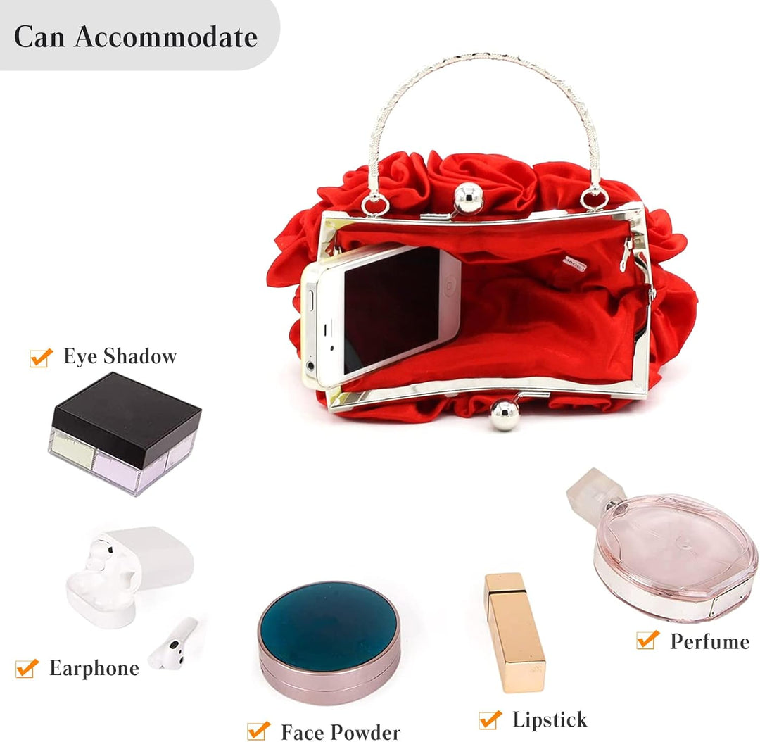 CORIOS Damen Elegante Abendtasche Blumen Clutch Tasche Handtasche mit Kette Kiss Lock Mini Rose Schu