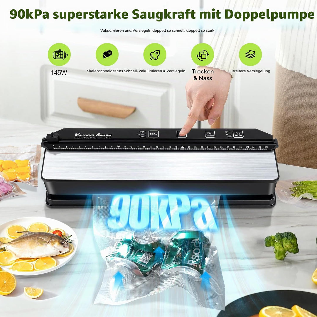 DeeprBetter Vakuumierer Vakuumiergerät, 90kPa Doppelpumpe Folienschweissgerät Vakuumierer Lebensmitt