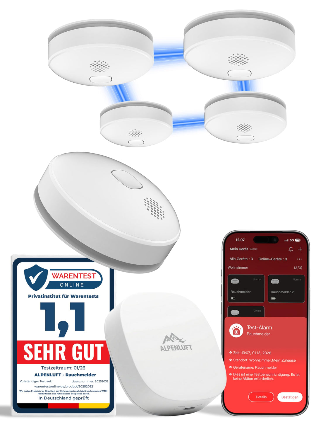 ALPENLUFT Rauchmelder mit Smart App 10 Jahre Batterie, TESTSIEGER Feuermelder Funk und WLAN Vernetzt