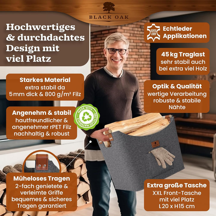 BLACK OAK Montana XL 60L Filzkorb &amp; Holzkorb für Kaminholz - Leder Applikation + rutschfeste Griffe