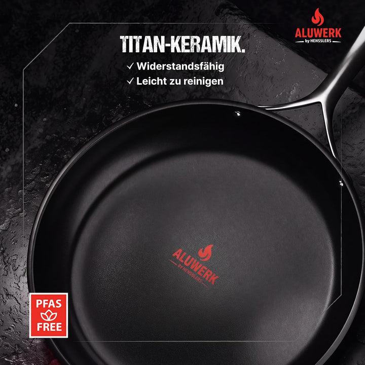 ALUWERK Bratpfanne Induktion 28cm [TITANVERSTÄRKTE KERAMIK] | Pfanne Antihaftbeschichtet ohne PTFE &amp;