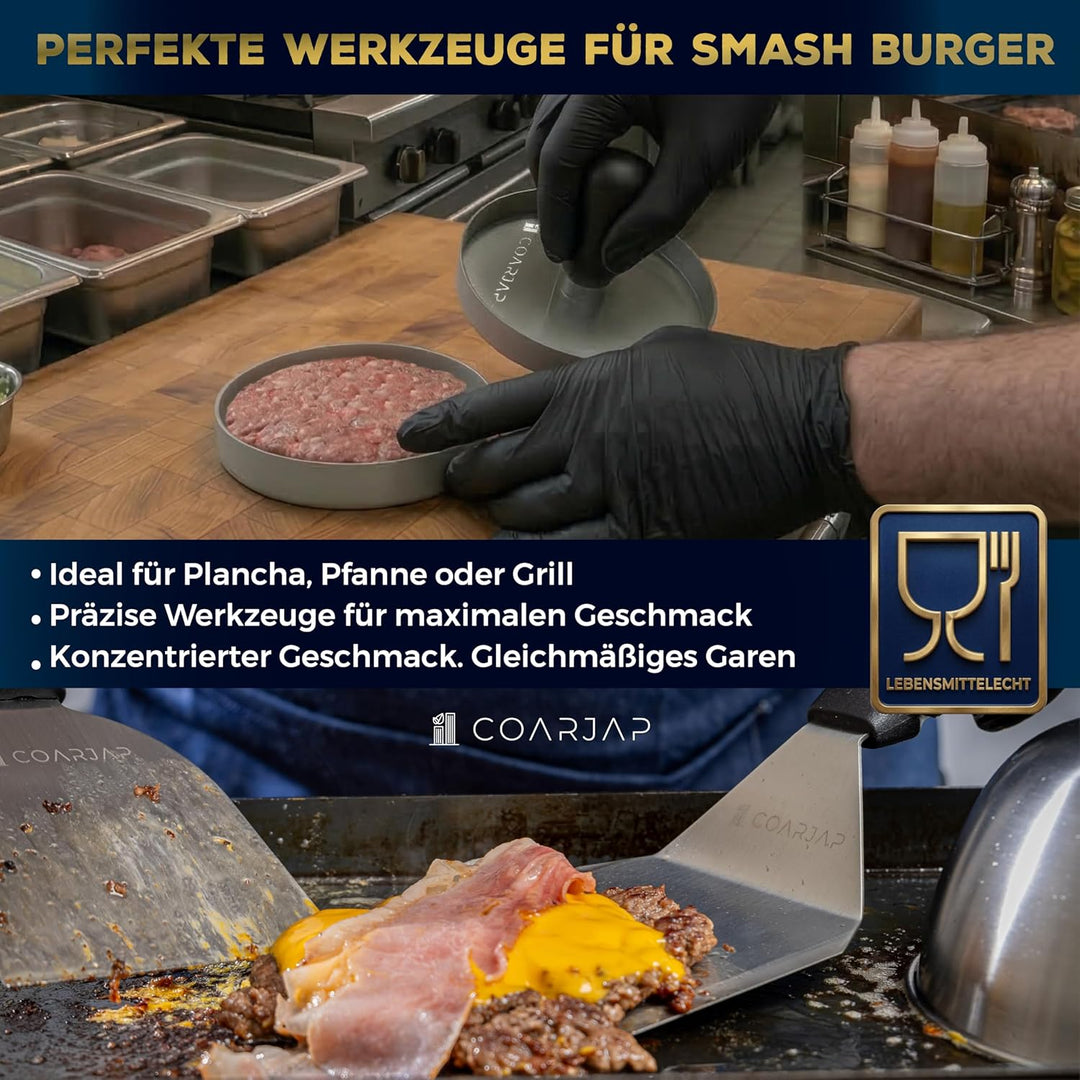 Smash Burger Set Premium 7-teilig – Burgerpresse, Grillspachtel & Scraper, 2 Burgerglocken, Gewürzst