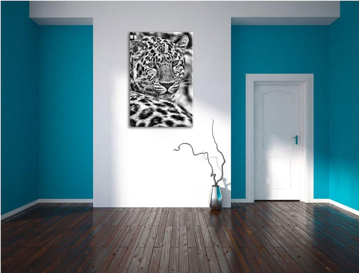 Pixxprint Monocrome, aufmerksamer Leopard im Schatten, Format: 100x70 auf Leinwand, XXL riesige Bild