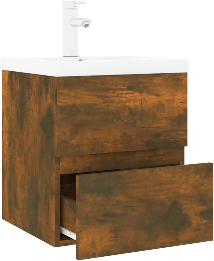 WIFESE Waschbeckenschrank mit Einbaubecken & Wasserhahn 42x39x18,5 cm mit Wasserhahn Räuchereiche Ho