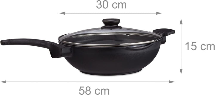 Relaxdays Wokpfanne mit Glasdeckel 30 cm, Wok mit Antihaftbeschichtung für Gas-, Elektroherd, Griff,