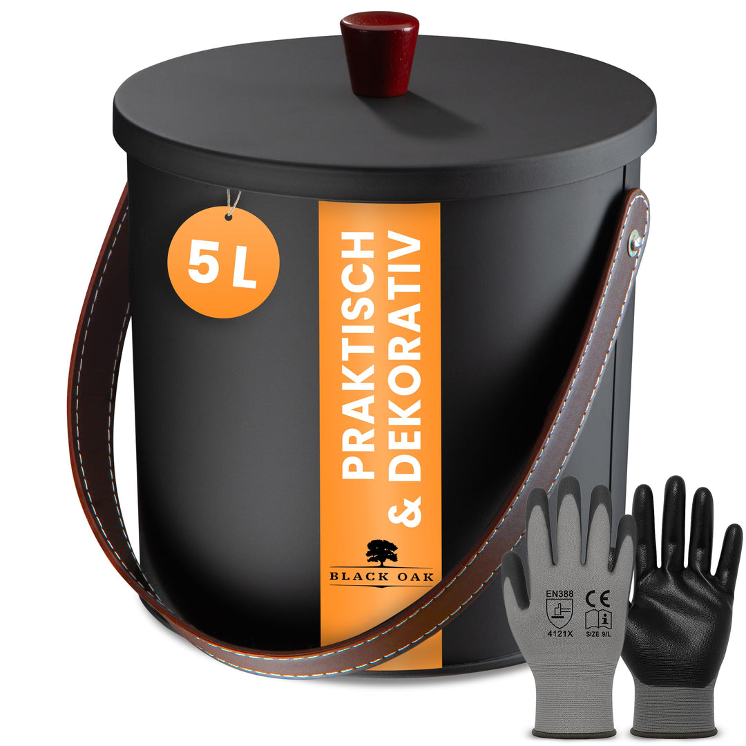 BLACK OAK Ascheeimer TOBA 5L - schwarz mit Deckel & Leder-Griff + Handschuhen - 5L Stahl feuerfest v