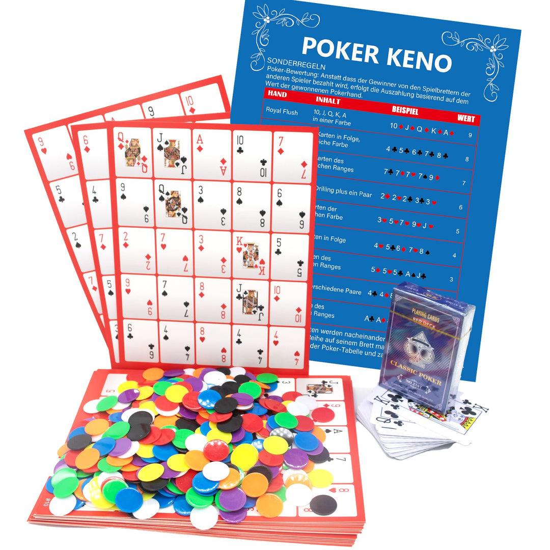 Profi Pokeno & Poker-Bingo Set für 12 Personen - 24 Layouts auf 12 Boards - Inkl. 250+ Chips & 100%