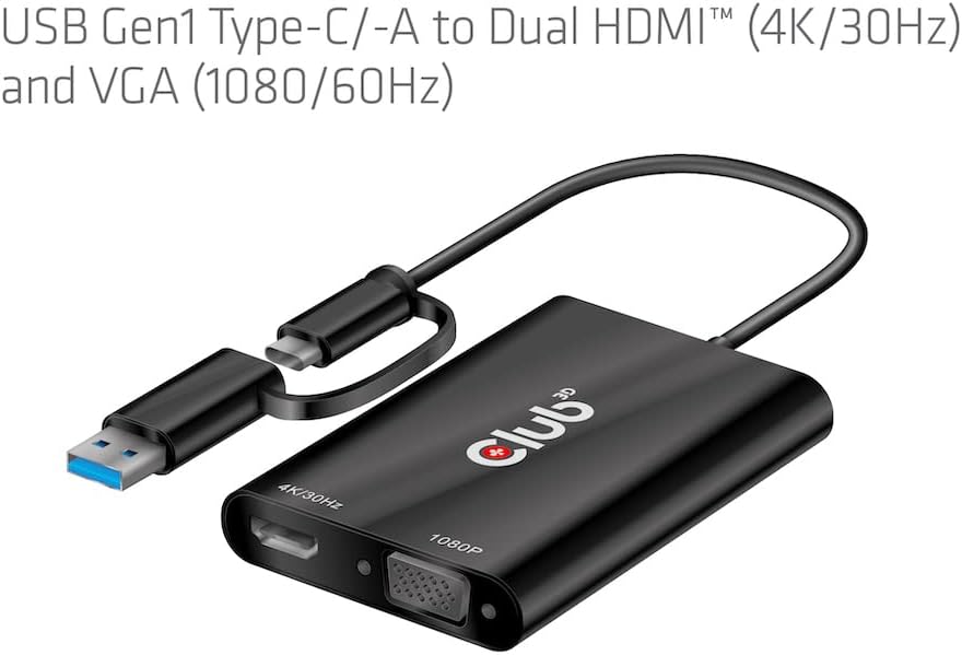 Club 3D Adapter USB Gen1 Type-C/-A auf Dual HDMI™(4K/30Hz) / VGA (1080/60Hz)
