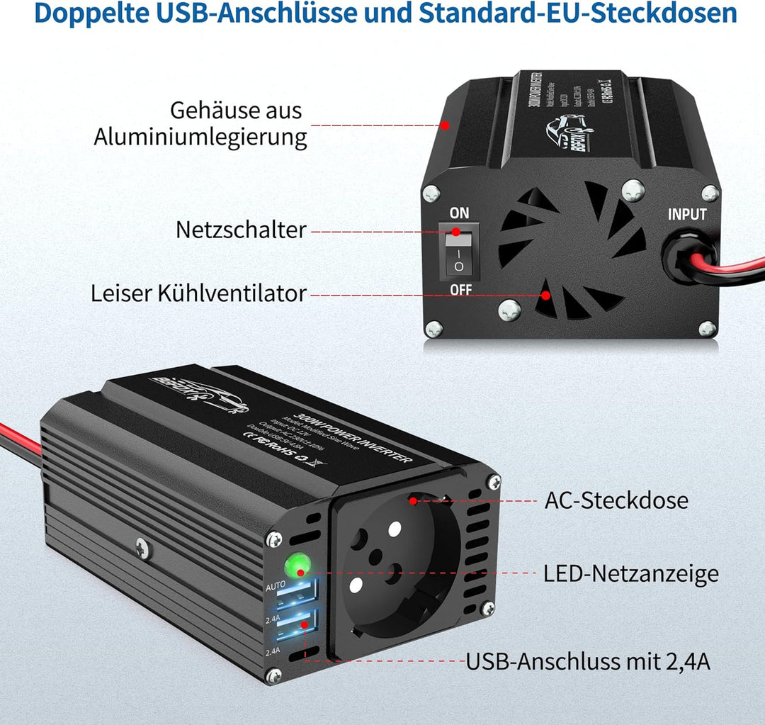 BGFOX 300W Spannungswandler DC 12V auf 230V AC Wechselrichter Modifizierte Sinus Stromumwandler mit