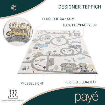 payé Teppich Kinderzimmer Läufer - Creme - 80x150cm - Strassenteppich Pastellfarben Spielteppich Kin