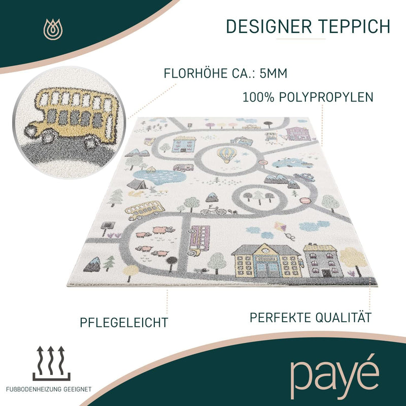 payé Teppich Kinderzimmer Läufer - Creme - 80x150cm - Strassenteppich Pastellfarben Spielteppich Kin