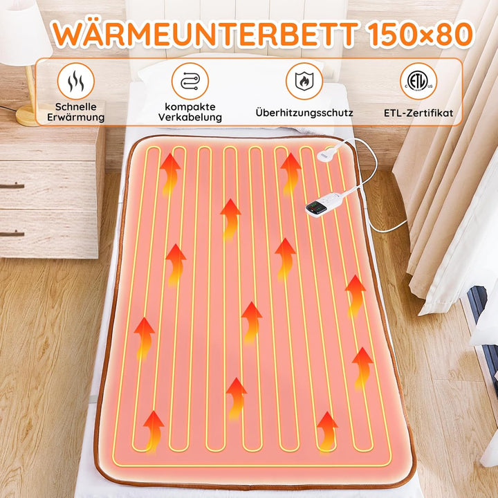 Mia&amp;Coco Heizdecke mit Abschaltautomatik, 150 x 80 cm, Wärmeunterbett mit 12-Stunden-Timer und 3 Wär