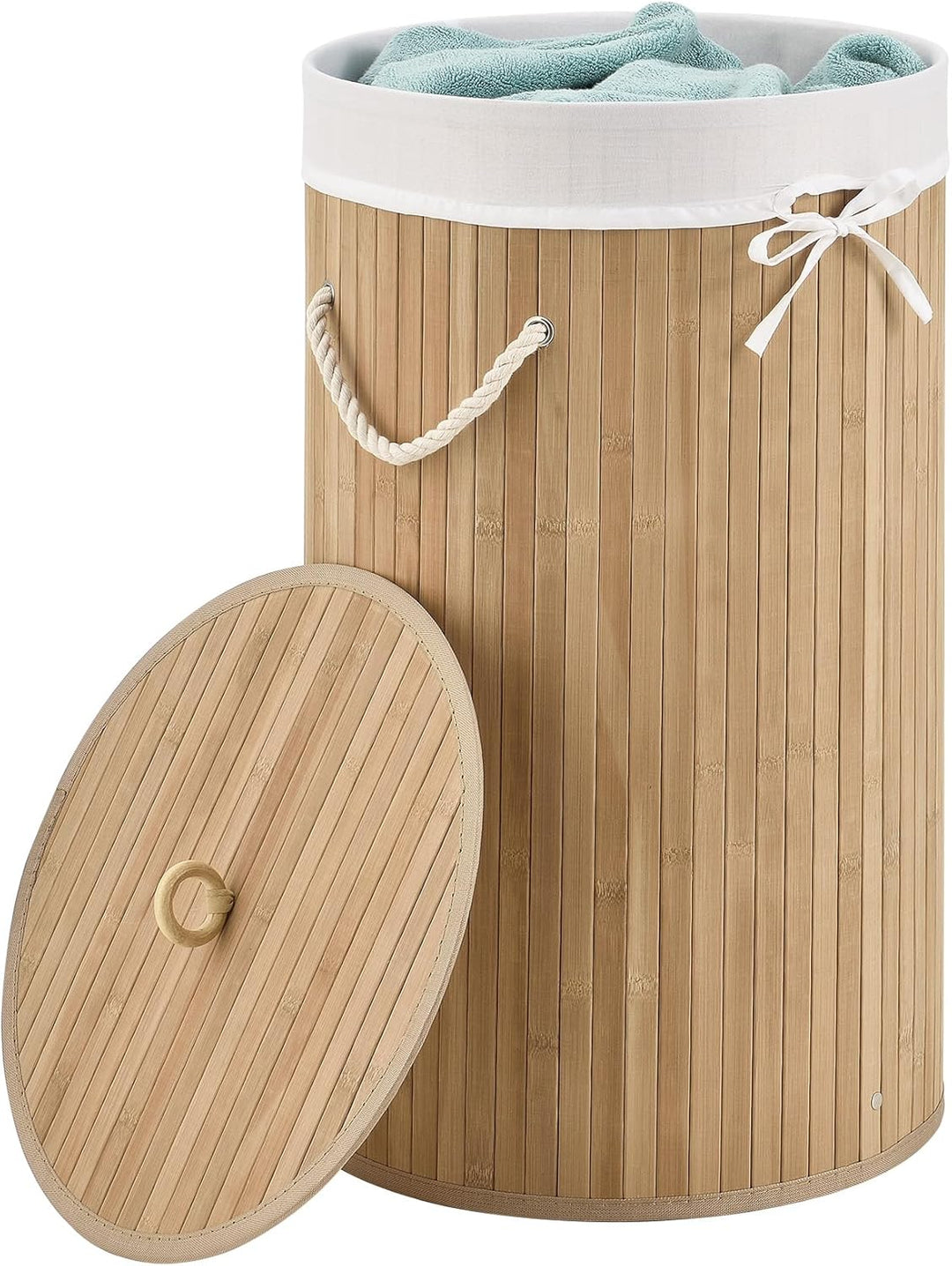 Juskys Bambus Wäschekorb Curly-Round Natur 55L - Hygienischer & Faltbarer Wäschekorb mit Deckel, Tra