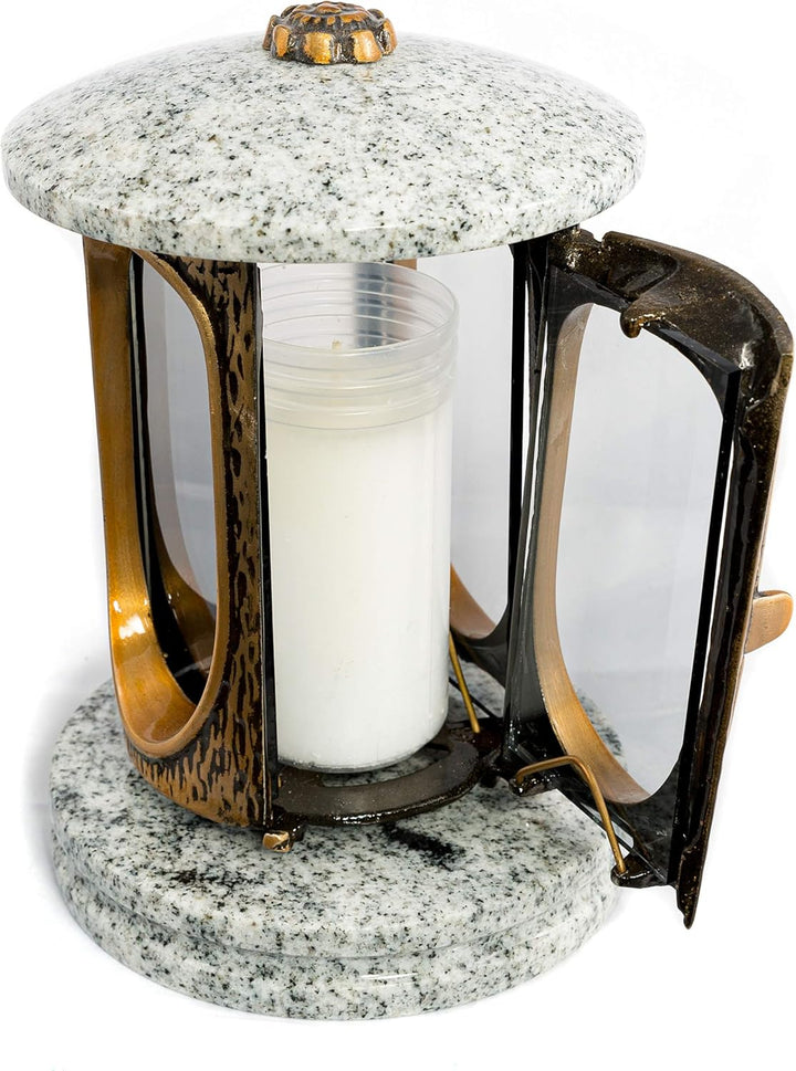 Stilvolle Grablaterne Elégant Granit Viscont White Höhe 23 cm/Ø 15 cm Grableuchte Grablicht Grablamp