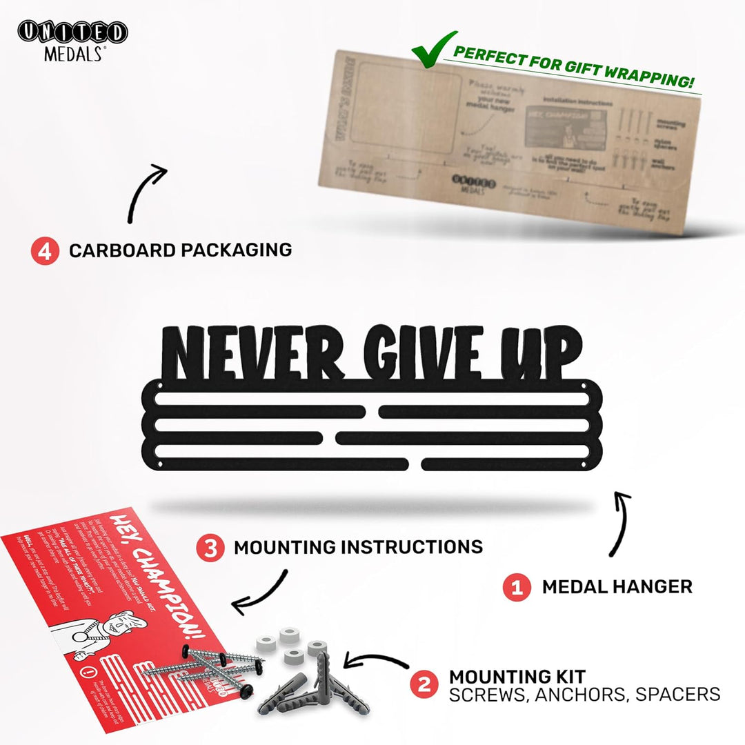 United Medals Never GIVE UP Medaillenhalter Stahl Schwarz | Medaillen Aufhänger | Medal Hanger Holde