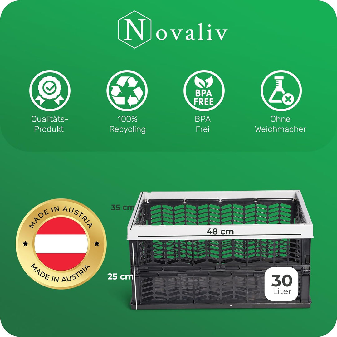 Novaliv Klappboxen faltbar stabil | 4x 30L Grau Schwarz baskets Einkaufskiste| Klappkisten Set Trage