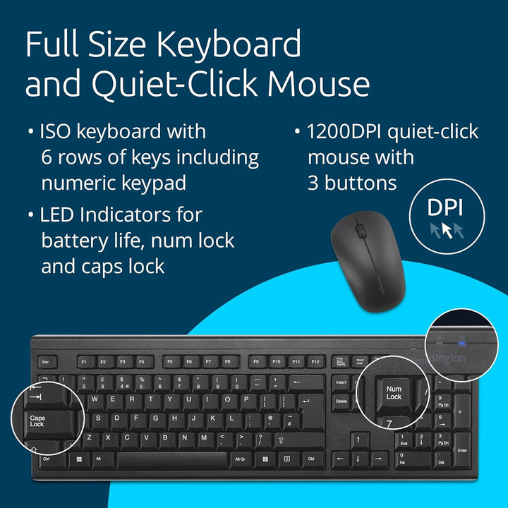 Kensington KM150 EQ Kabelloses Desktop-Set, QWERTZ, kompatibel mit Windows und MacOS, Full-Size-Tast