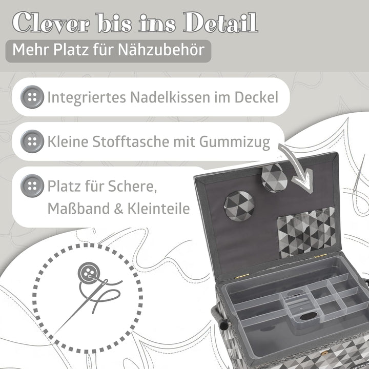 SEMPLIX Nähkorb Diamond Nähkästchen mit Magnetverschluss, Tragegriff (30,5x22,5x19cm) (Anthrazit/Gra
