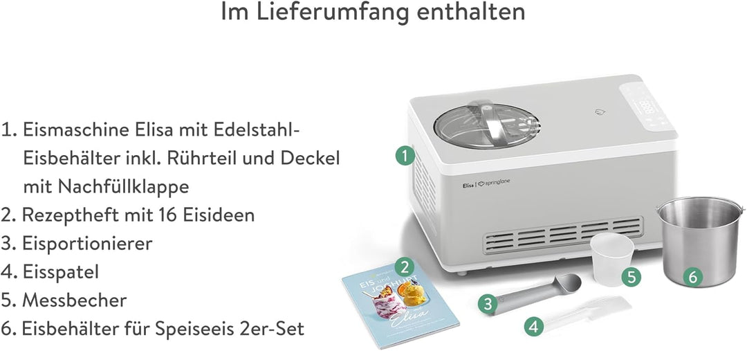SPRINGLANE Eismaschine & Joghurtbereiter Elisa 2,0 L mit selbstkühlendem Kompressor 220 W inkl. Edel