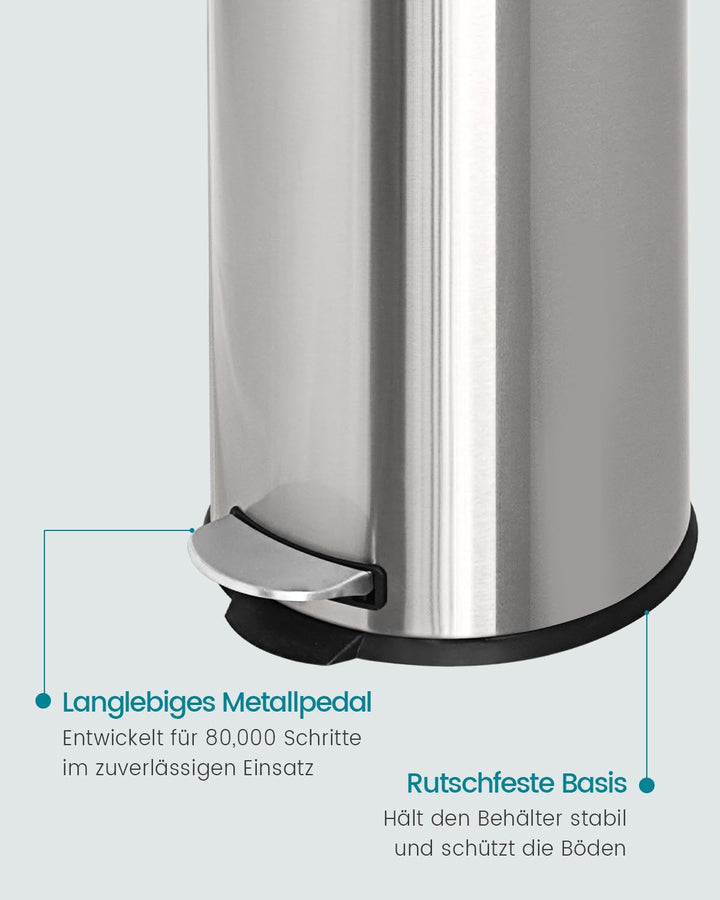 Mülleimer 30 L Treteimer mit Softclose-Deckel, Abfalleimer 30 Liter mit Fusspedal, Rund Mülleimer mi