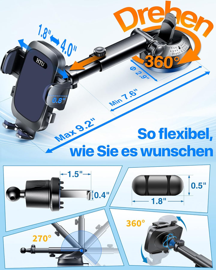 HTU 2026 Verbesserte 4-in-1 Handyhalterung Auto mit 36KG Starker Saugnapf & Lüftungshaken, Super Sta