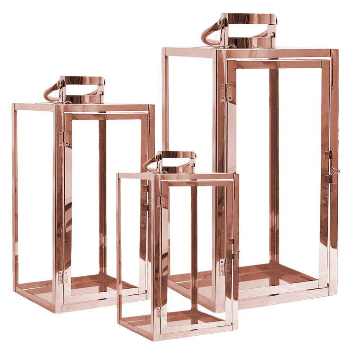Schönes XXL 3er Set Gartenlaternen Set aus Edelstahl Windlicht Laterne Glas 30/40 / 53 cm Kupfer-far