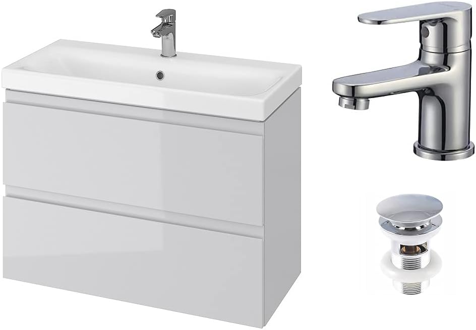 VBChome Badmöbel 80 cm Slim Grau mit Armatur und Pop-up ventil Waschbecken mit Unterschrank Waschtis