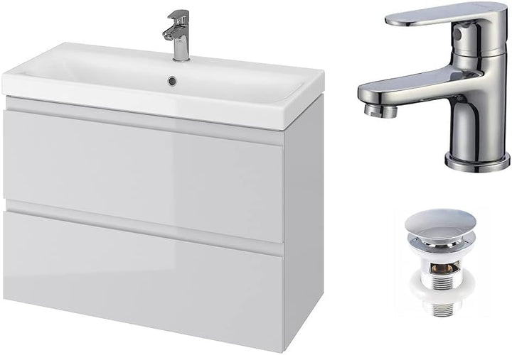 VBChome Badmöbel 80 cm Slim Grau mit Armatur und Pop-up ventil Waschbecken mit Unterschrank Waschtis