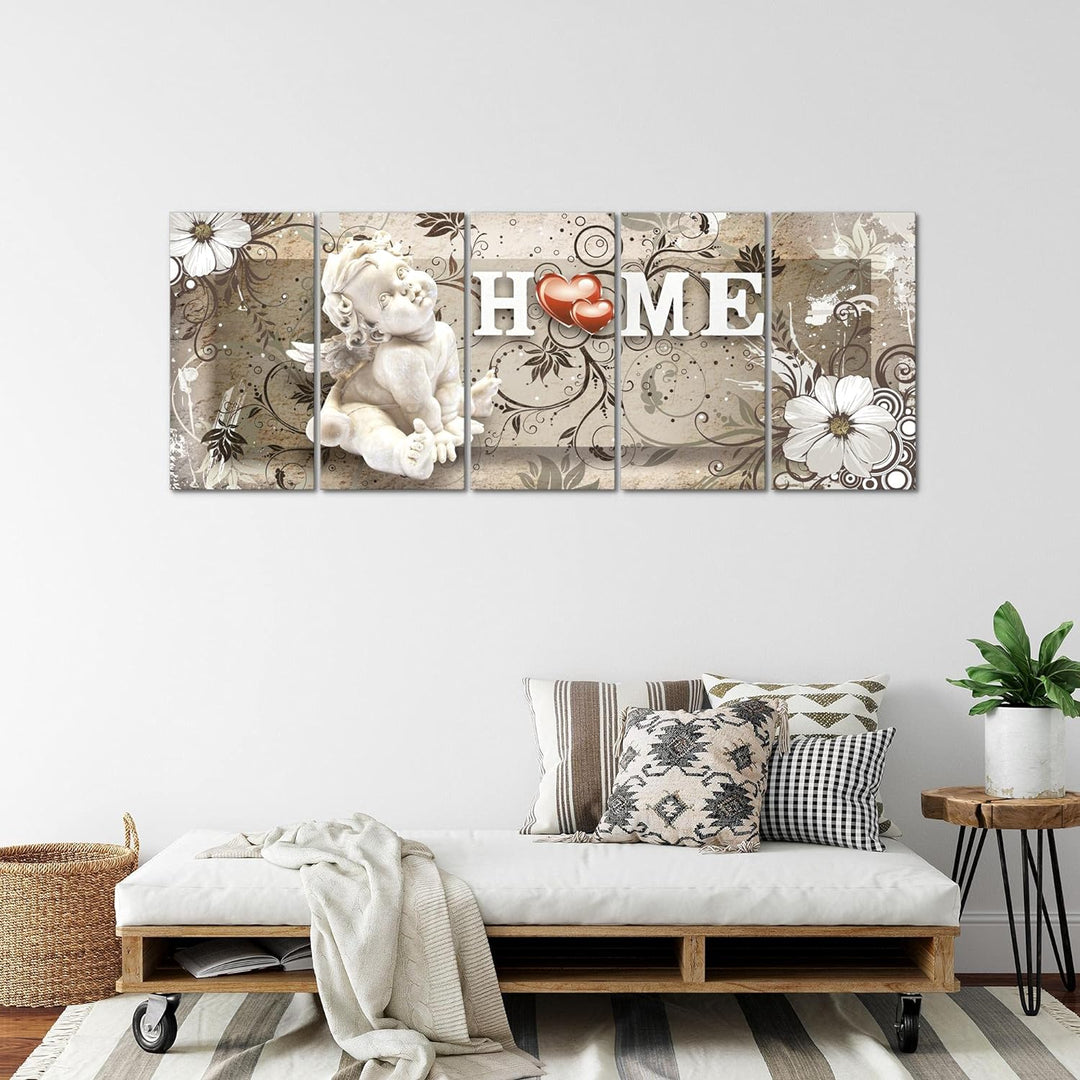 Runa Art Wandbild XXL Engel Vintage Wohnzimmer Schlafzimmer 200 x 80 cm Beige 5 Teilig - Made in Ger