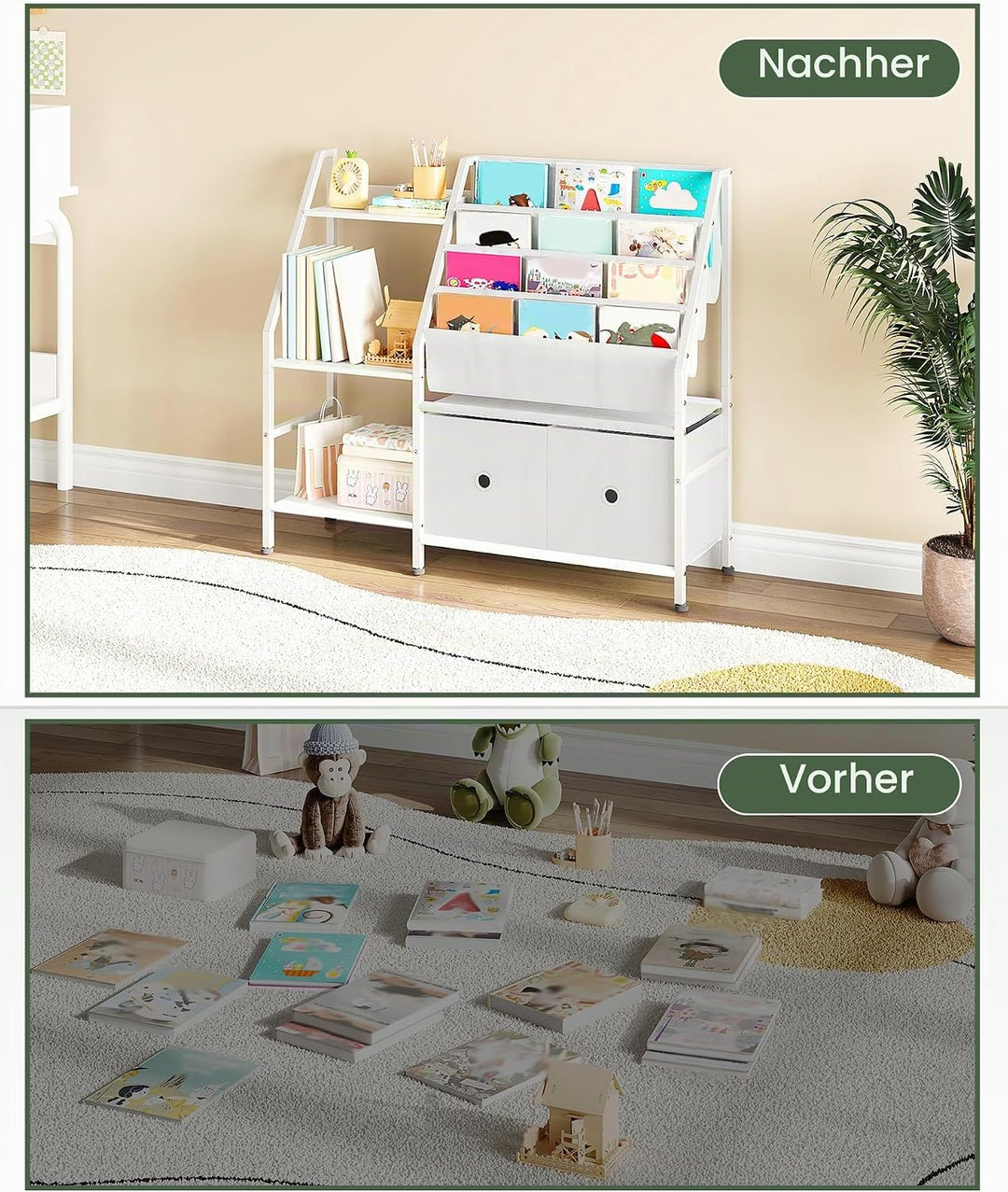 Bücherregal Kinder, Kinderregal, Kinderspielzeug Regal, Spielzeug Aufbewahrung mit 4 Hängetaschen, 3