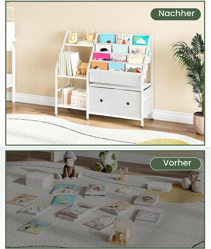 Bücherregal Kinder, Kinderregal, Kinderspielzeug Regal, Spielzeug Aufbewahrung mit 4 Hängetaschen, 3