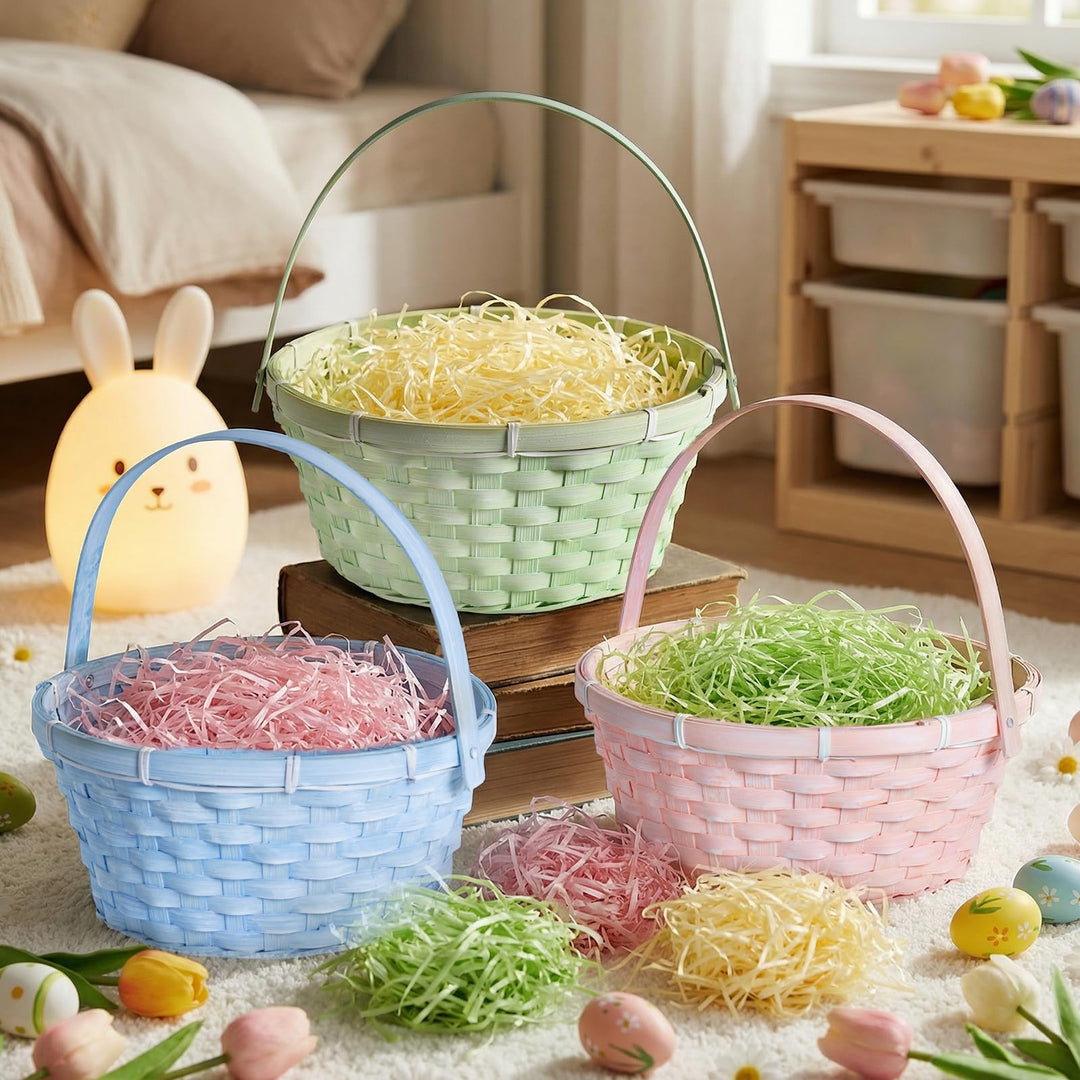 Lanpn Handgefertigte Osterkörbchen mit Henkel 3er Set aus Natur Wicker Baskets Pastellrosa Blau Grün