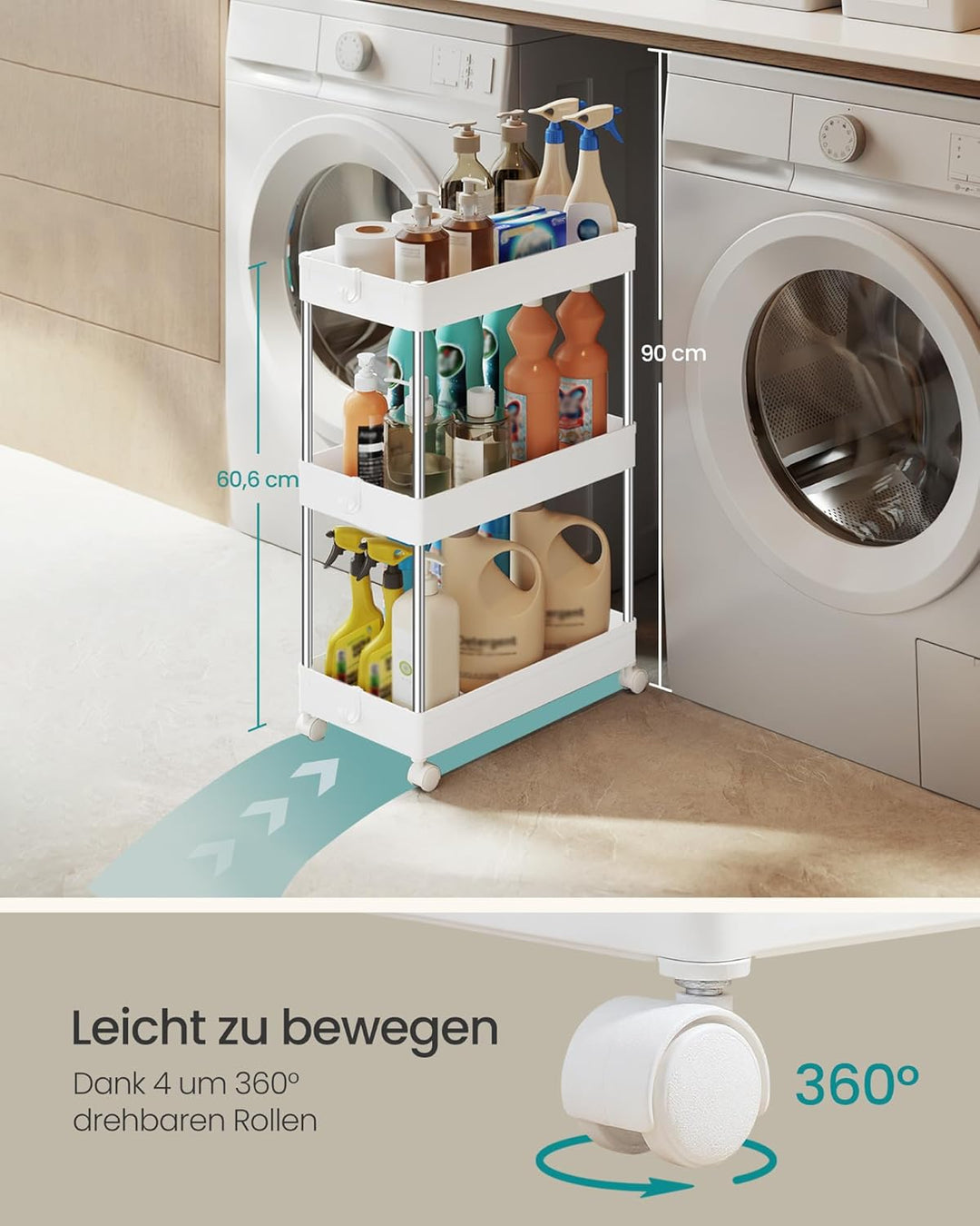 SONGMICS Rollwagen, Küchenwagen, Küchenregal, Nischenregal, mit 6 Haken, 360° drehbare Räder, Stahlg