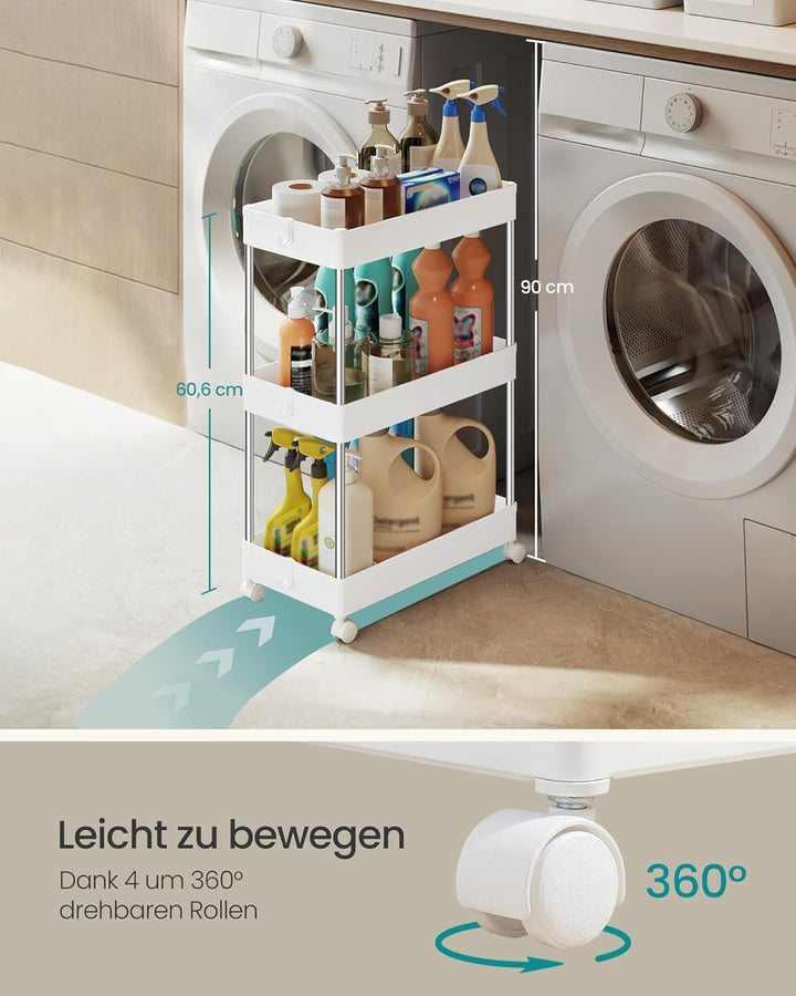 SONGMICS Rollwagen, Küchenwagen, Küchenregal, Nischenregal, mit 6 Haken, 360° drehbare Räder, Stahlg
