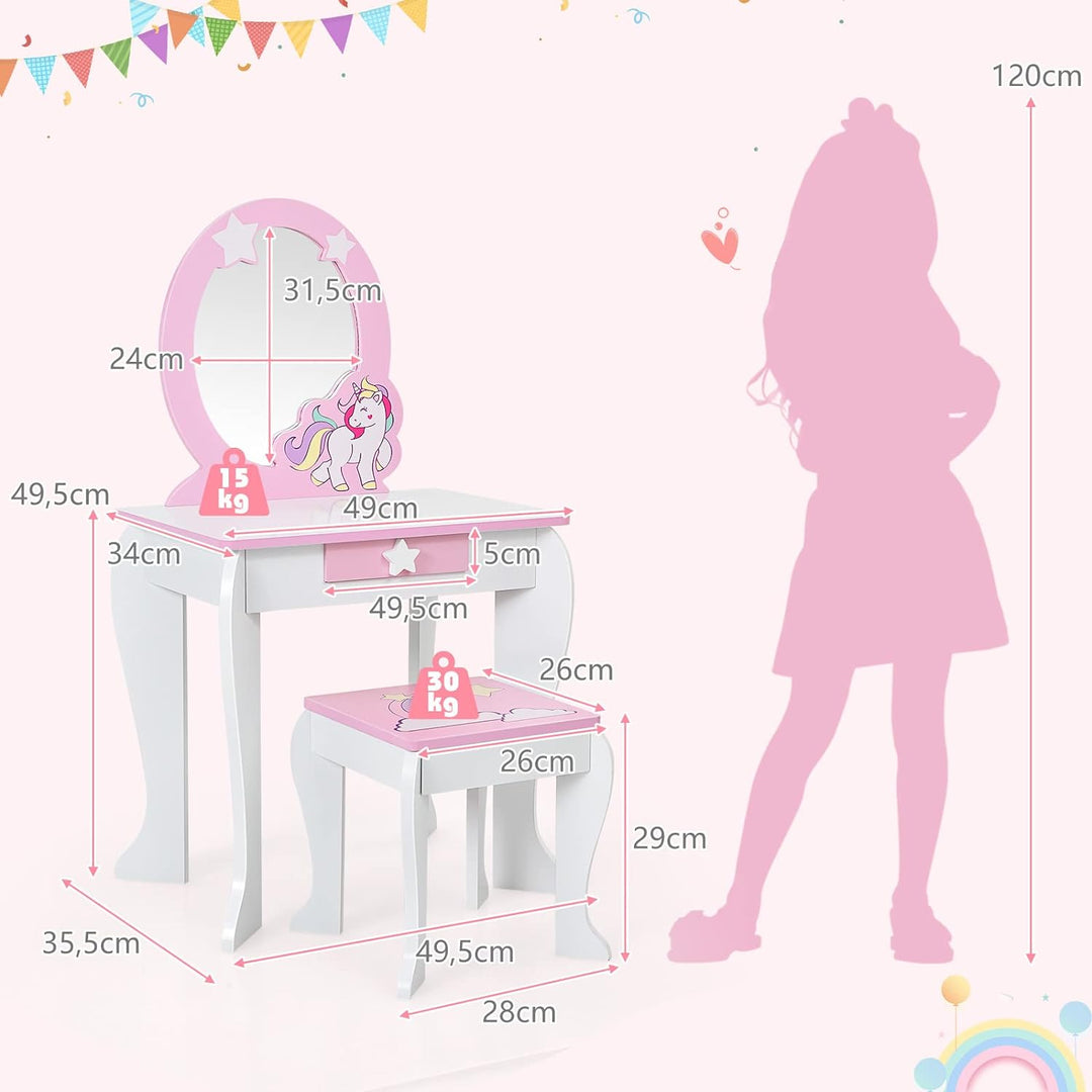 DREAMADE Kinder Schminktisch mit Hocker & Abnehmbarer Spiegel, Frisiertisch für Kinder, Frisierkommo