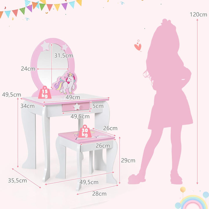 DREAMADE Kinder Schminktisch mit Hocker & Abnehmbarer Spiegel, Frisiertisch für Kinder, Frisierkommo
