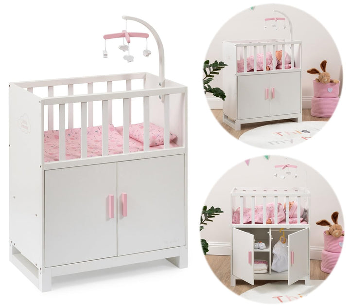 Puppenbett Cozy mit Schrank und Mobile aus Holz (Weiss-Rosa)
