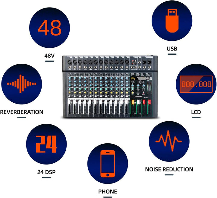 Depusheng FG12 Professioneller 12-Kanal-Audio-Mixer für Computeraufnahmen, Sound-Controller-Schnitts