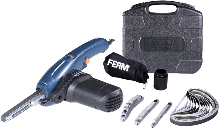 FERM Präzisionsbandschleifer 400W - Variable Geschwindigkeit - Inkl. 3 Schleifarmen und 12 Schleifbä