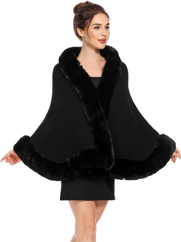 ZLYC Damen Winter Kunstpelz Poncho Cape Strick Schal Stola Warm Cardigan Schwarz, Schwarz