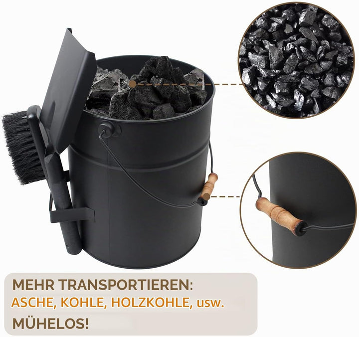 BRIAN &amp; DANY Ascheeimer mit Deckel, Runder Kohleeimer für Kamine, 15L Eimer mit Schaufel und Handbes