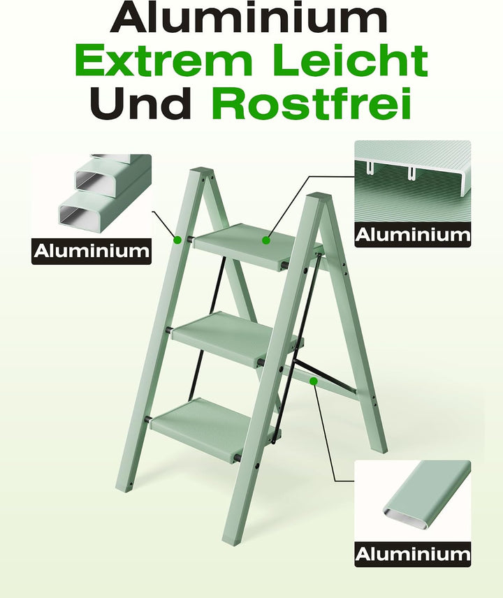Trittleiter 3 Stufen klappbar,Tritthocker aus Aluminium | 150 kg Tragfähigkeit,Leiter mit rutschfest