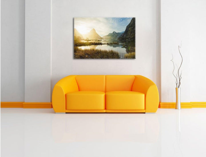 Pixxprint Milford Sound Neuseeland als Leinwandbild/Grösse: 100x70 cm/Wandbild/Kunstdruck/fertig bes