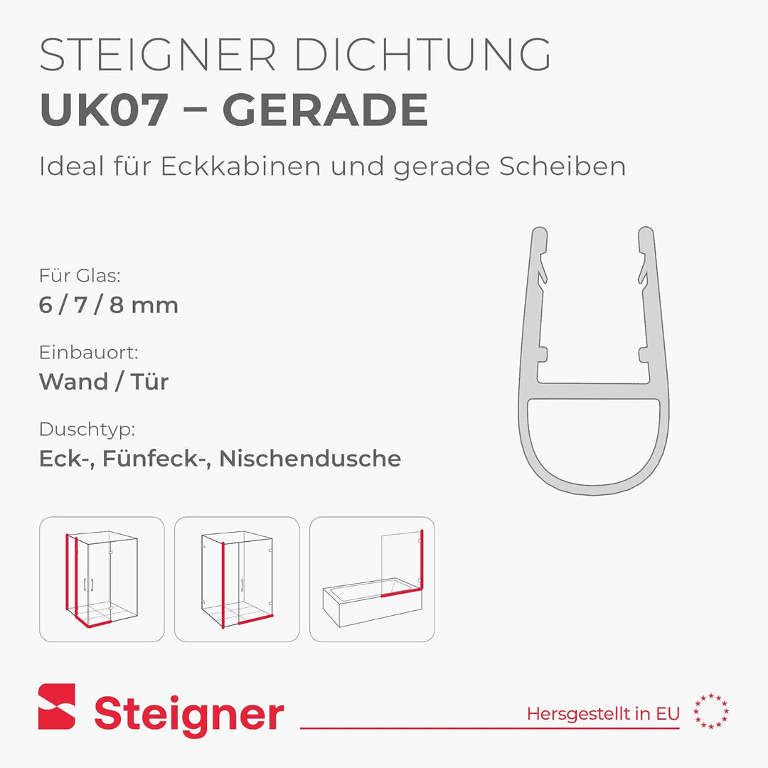STEIGNER Duschdichtung, 180cm, Glasstärke 6/7/ 8 mm, Gerade PVC Ersatzdichtung für Dusche, UK07 UK07
