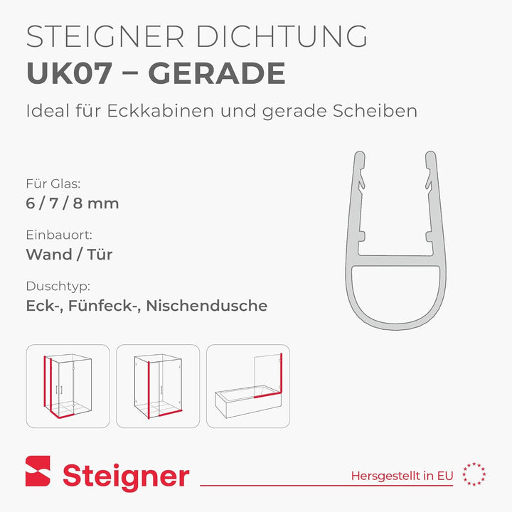 STEIGNER Duschdichtung, 180cm, Glasstärke 6/7/ 8 mm, Gerade PVC Ersatzdichtung für Dusche, UK07 UK07