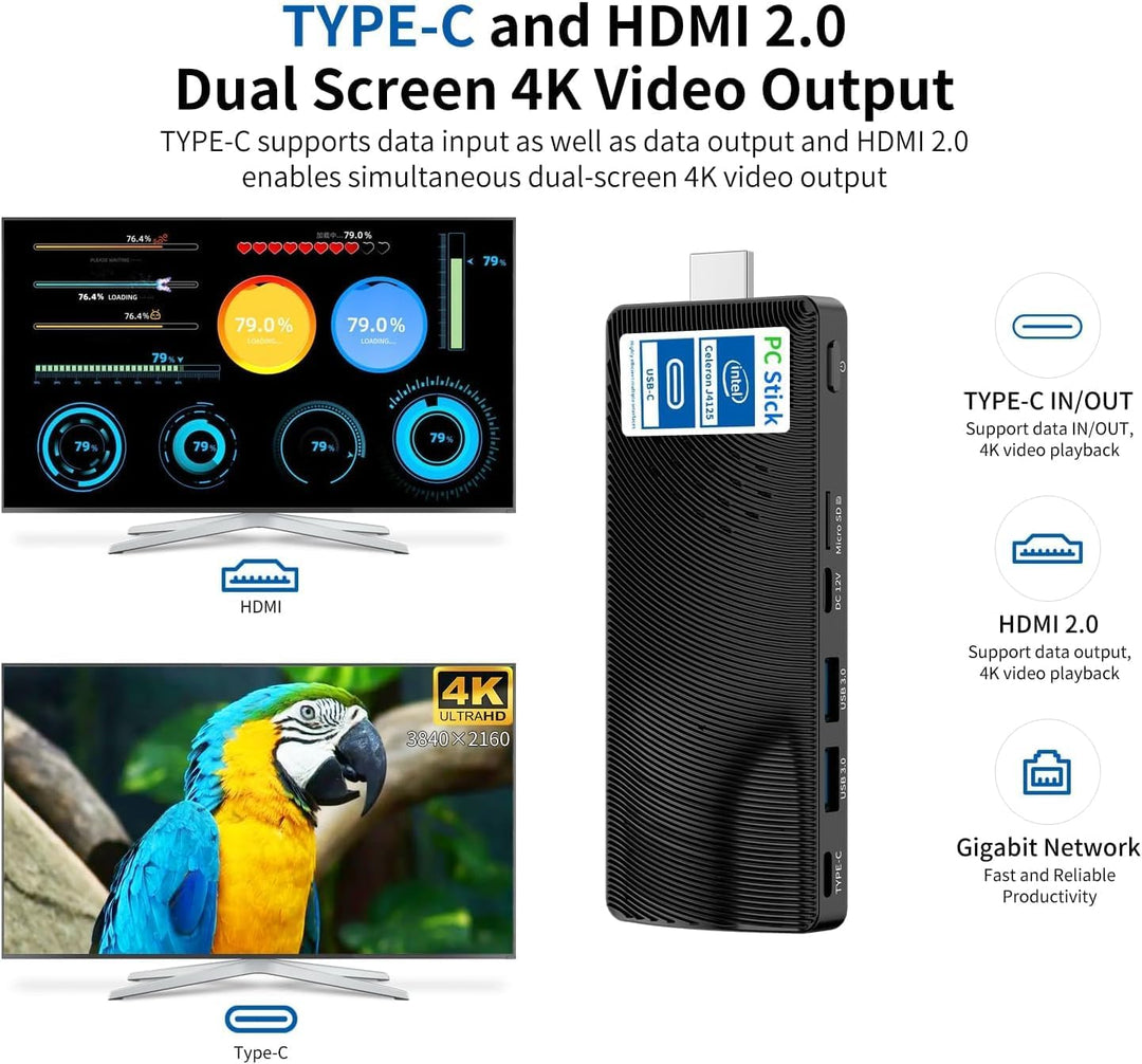HEIGAOLAPC Mini PC Stick,Win 11 8GB RAM 128GB eMMC Celeron J4115 2.7 GHz, USB-C Fanless Desktop PC,
